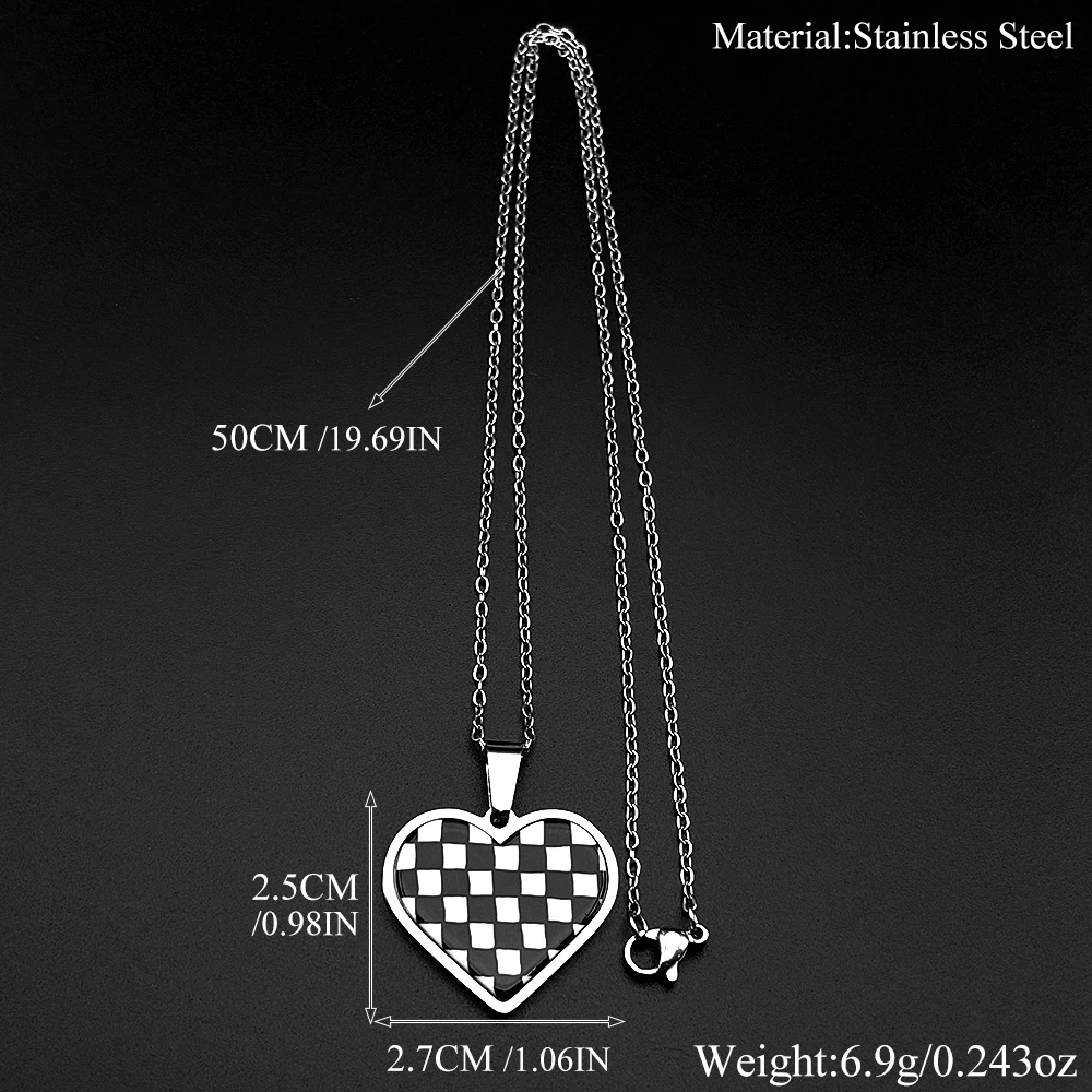 Y2K E-Girl Schachbrettmuster Herz Bär Kette Edelstahl Schwarz Weiß Süßer Cooler Stil Passende BFF Halskette Harajuku Schmuck – Detail 3