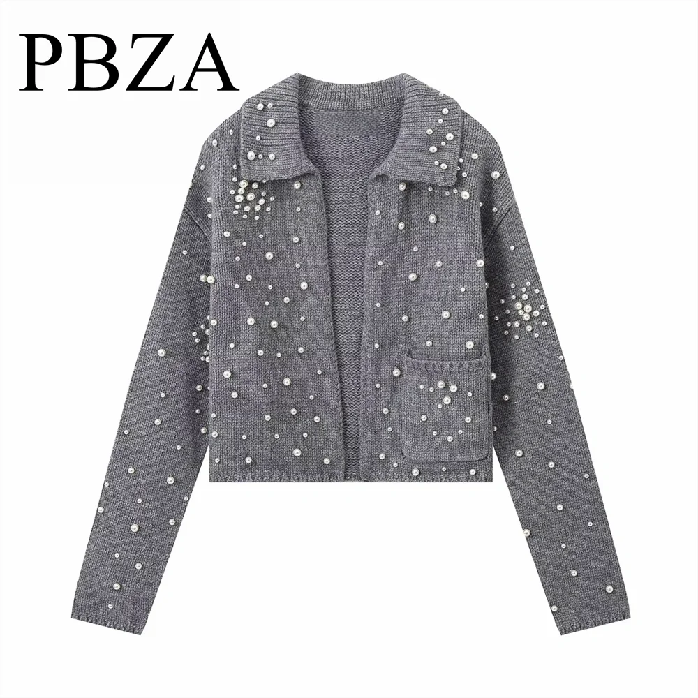 Women's autumn and winter new item gray lapel with artificial pearl decoration knitted cardigan sweater jacket