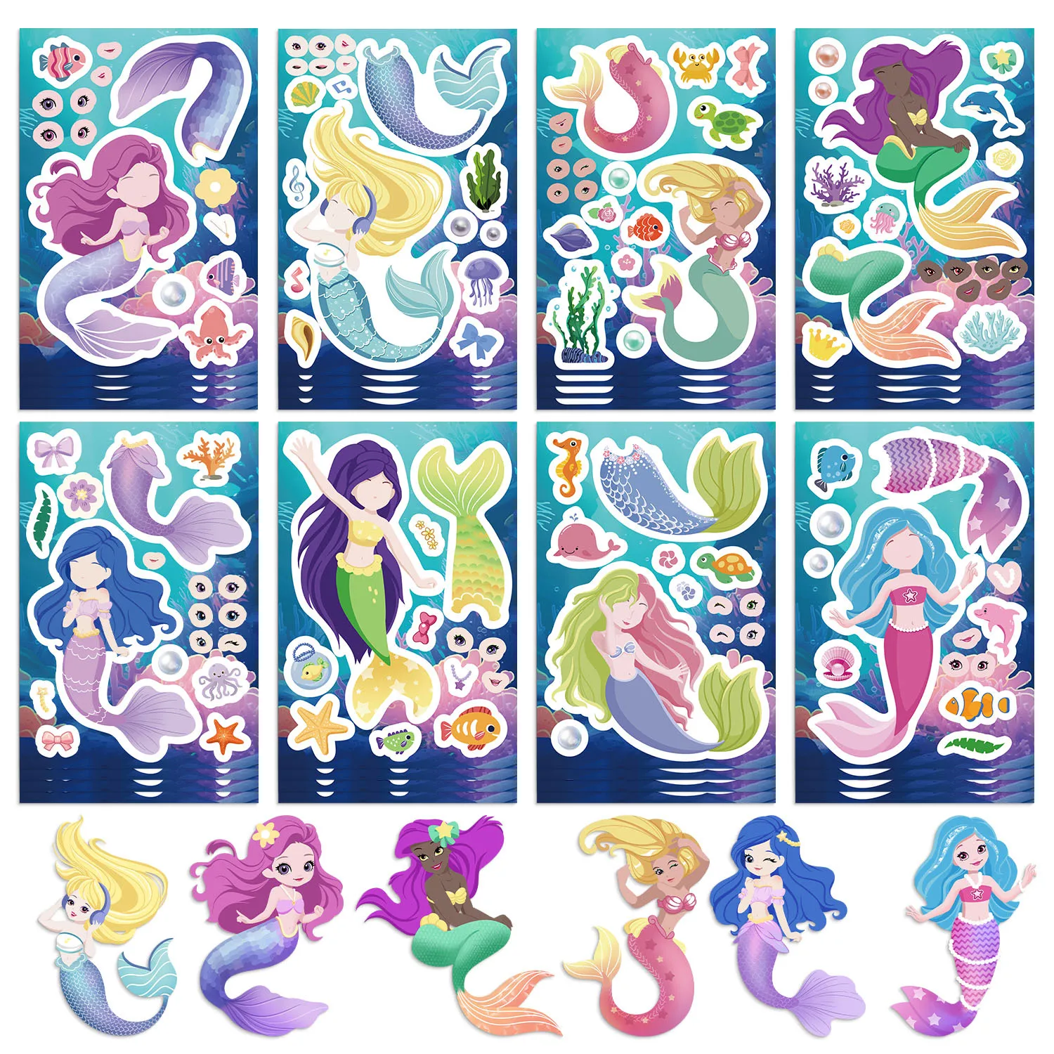 8/16 Pcs Cartoon Mermaid Make A Face Puzzle Stickers DIY Game for Scrapbook Phone Case Car Door Fridge Suitcase Decals