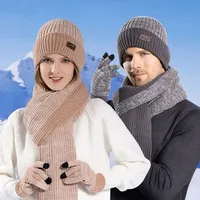 3Pcs/set Winter Warm Beanie Hat Scarf Soft Woolen Touch Screen Gloves Outdoor Knitted Ear Protection Cap for Men Women