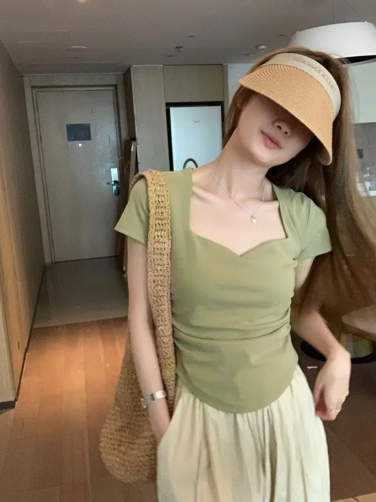 

2024 Summer New Pure Wind Design Joker Solid Color Collarbone Top Cotton Fold Slim Short-sleeved T-shirt