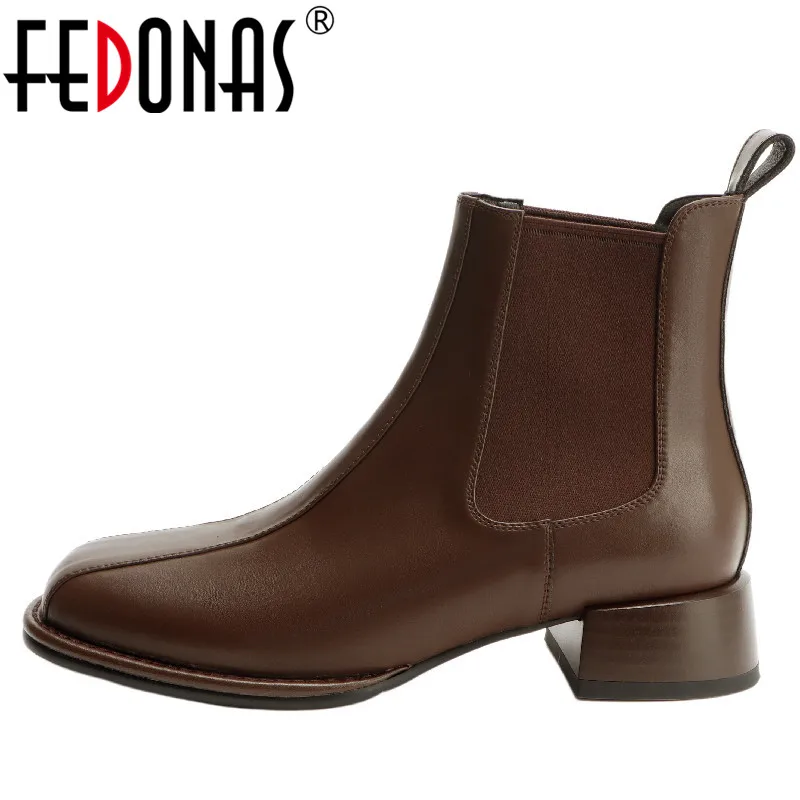 

FEDONAS Working Casual Women Ankle Boots Autumn Winter Splicing Genuine Leather Thick Heels Square Toe Shoes Woman Concise Basic