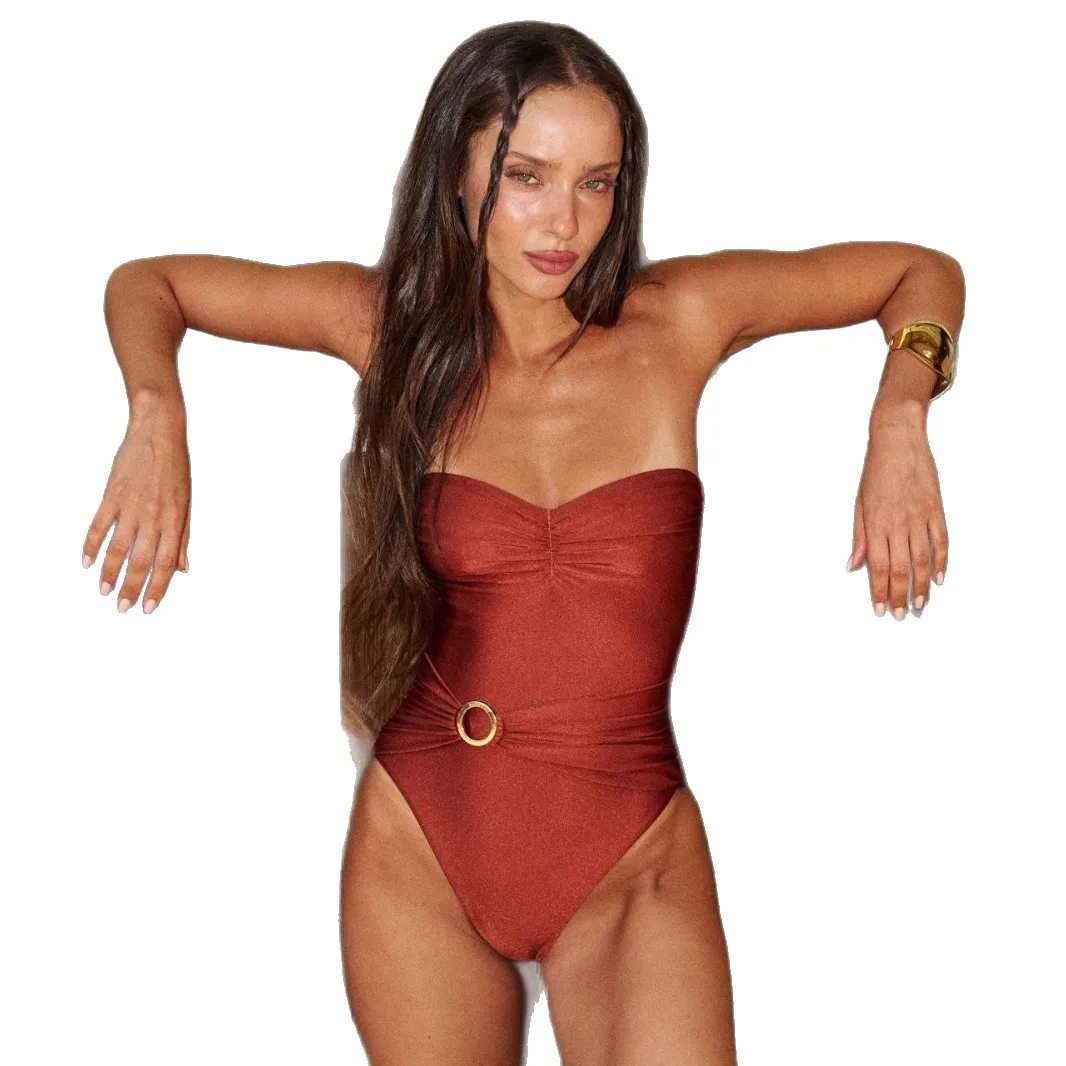 One Piece Swimsuit Women Strapless Bandeau Bathing Suit with Metal Ring Decor Ruched High Cut Swimwear