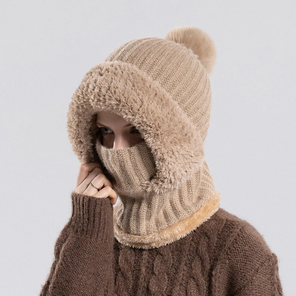 Simple Plush Balaclavas Hat Fluff Windproof Knitted Beanies Hat Neck Warmer Thickened Hooded Cap Riding
