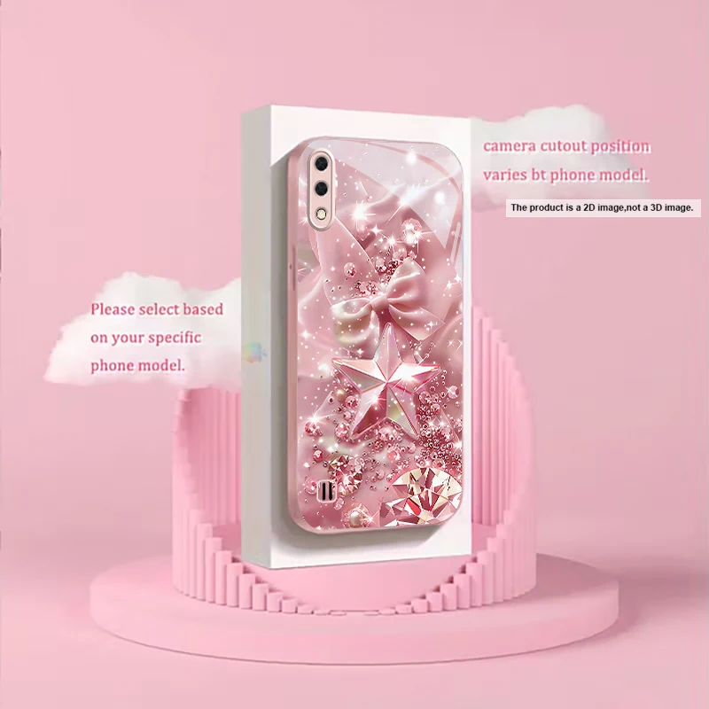 Bow Crystal Star Glitter Pink Metallic Glass Phone Case For Samsung A01/A02/A03 Core/A04/A04e/A05/A05s/A07/A70/A71/72 Back Cover view 3
