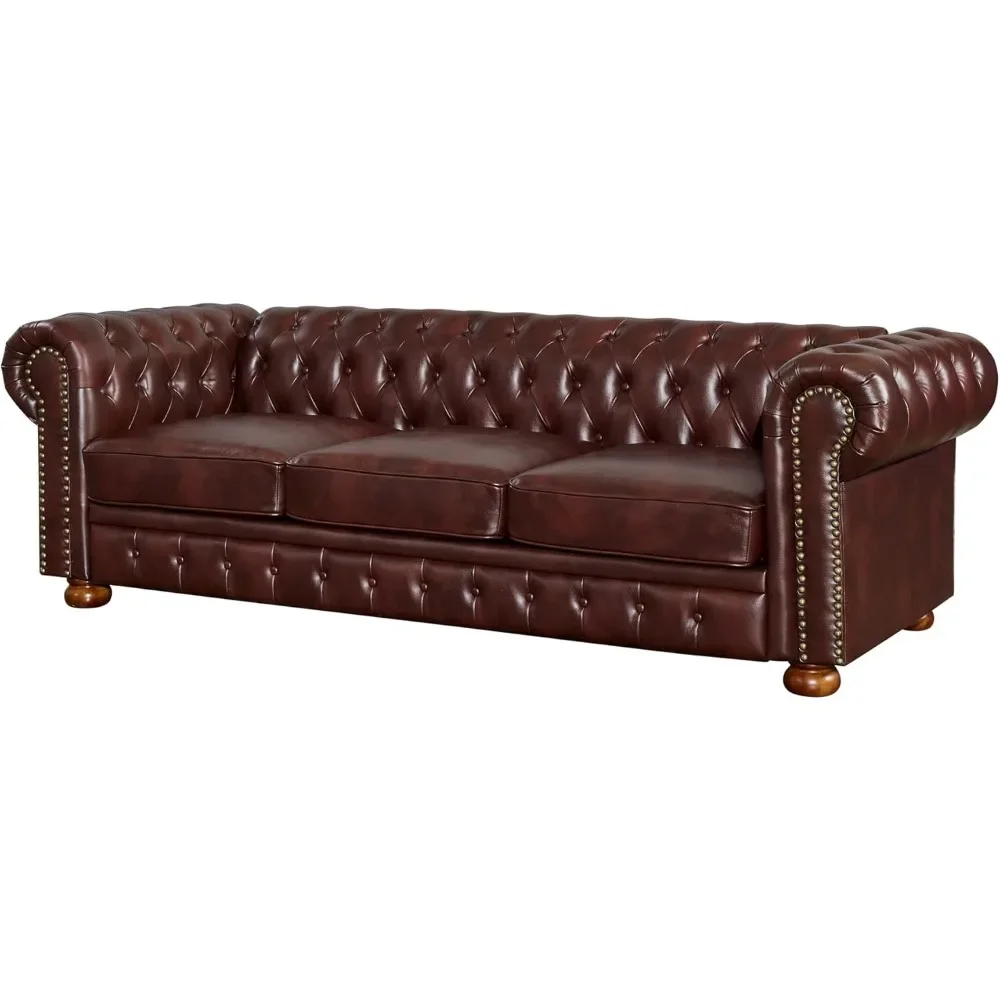 89" Faux Leather Couch Upholstered Sofa with Low Back, Roll Arm Nailhead Trim Classic 3 Seater Sofa image 3