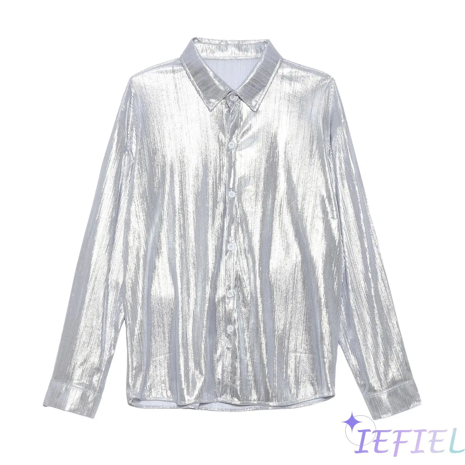 

Mens Shiny Metallic Shirt Iridescent Finish Turn Down Collar Long Sleeve Button Front Loose Fit Blouse for Disco Jazz Nightclub