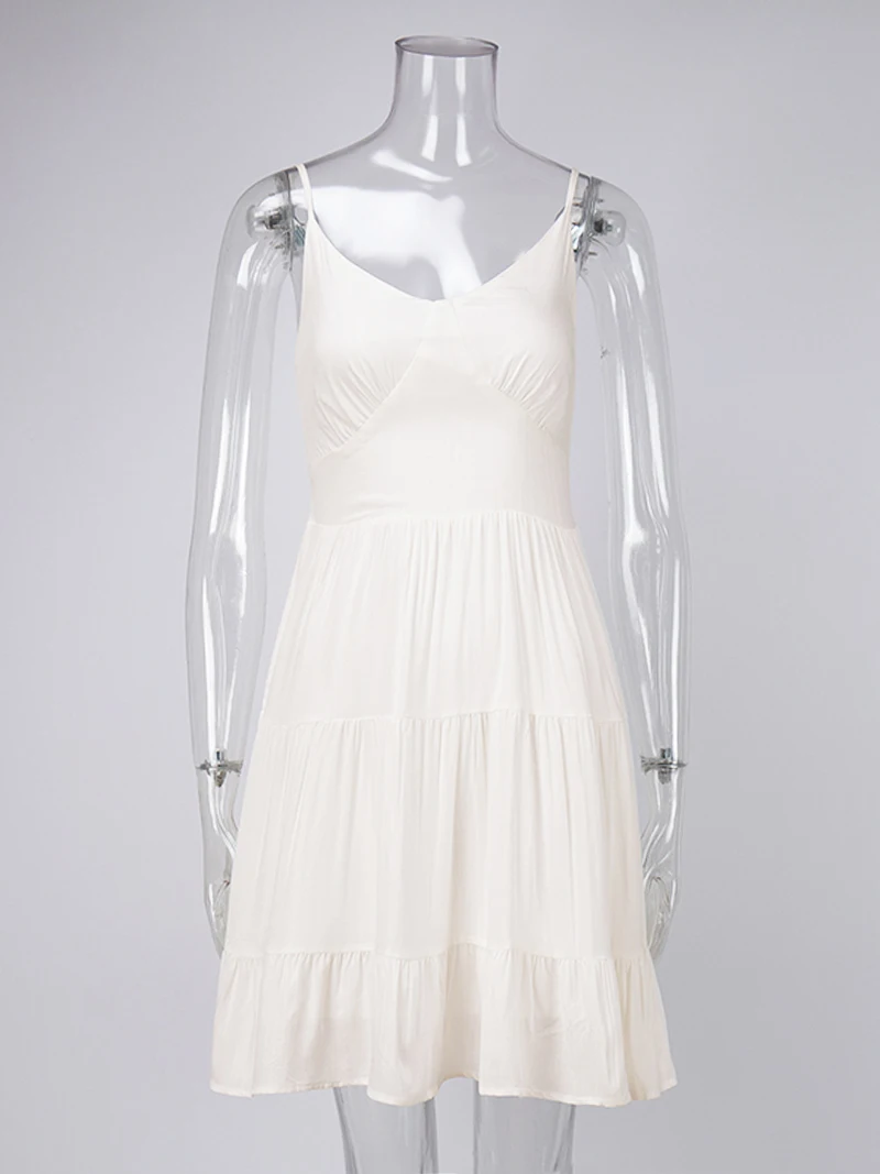 MSCSZ v 넥 하이 웨이스트 핏 앤 플레어 드레스 여성 스파게티 스트랩 a 라인 프릴 미니 드레스 화이트 코튼 여름 드레스