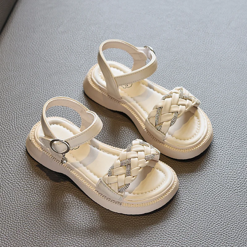 New Summer Style Fashionable Elegant Comfortable and Casual Thick-soled Rhinestone One-strap Girls\' Wear-resistant Sandals