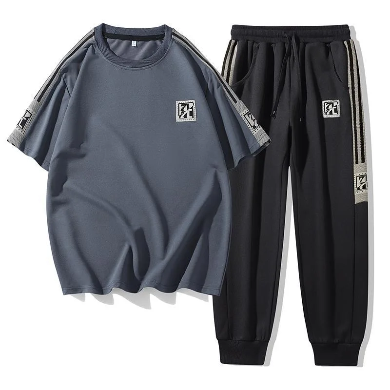 

Летняя модная спортивная футболка с коротким рукавом и принтом, брючный костюм для мужчин, свободный дышащий комплект больших размеров, высококачественный комплект из двух предметов
