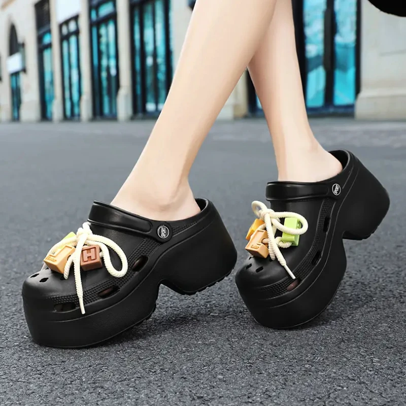 Slippers Women Clogs 9CM Non-Slip Platform Sandals DIY Bow EVA Slippers Beach Outdoor Slides Comfortable Height Increasing Shoes