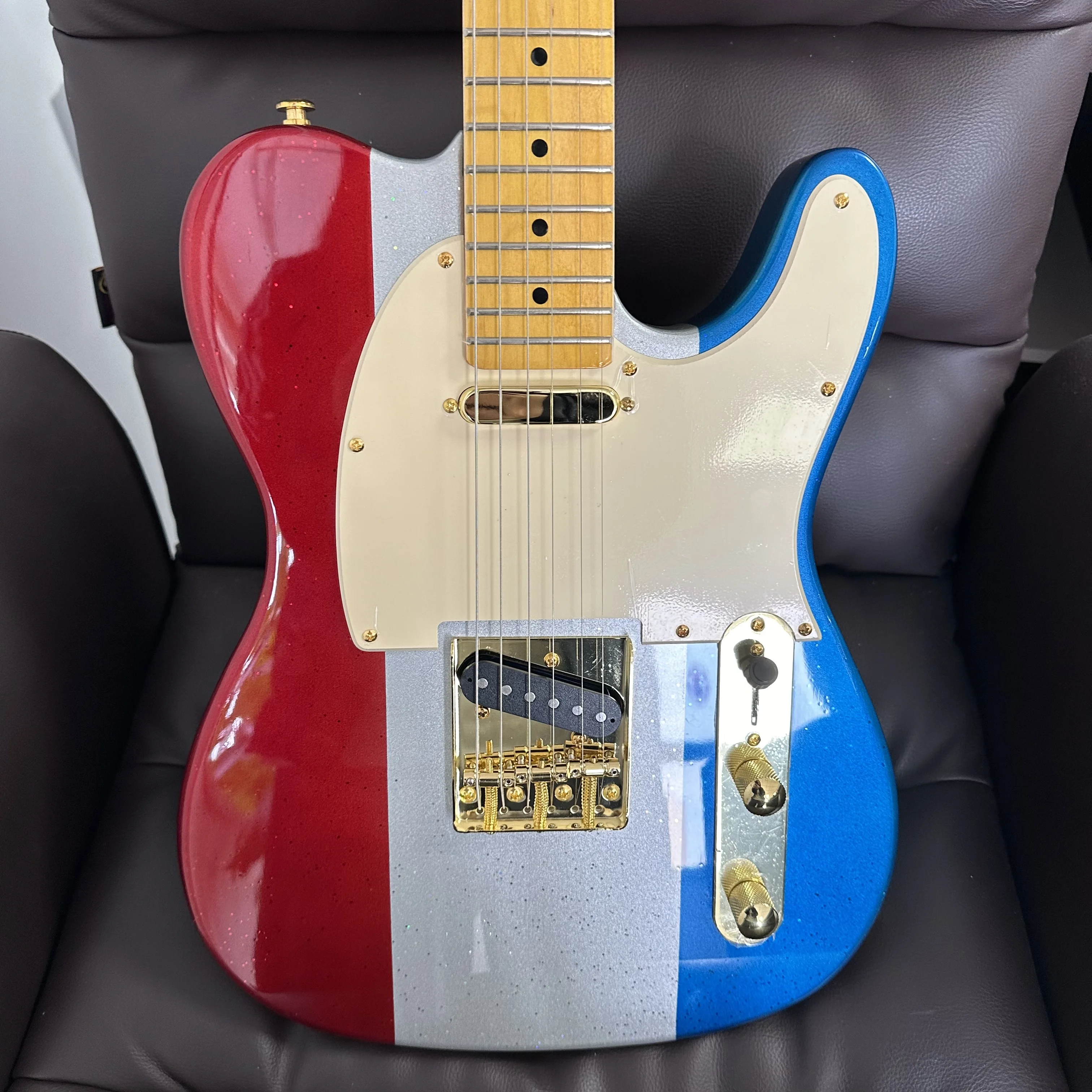 US Warehouse TL Style Electric Guitar Red Silver Blue Sparkle Color Block Solid Body Maple Fingerboard Cream Pickguard Gold Hardware Single Coil Pickups 6 String Guitar