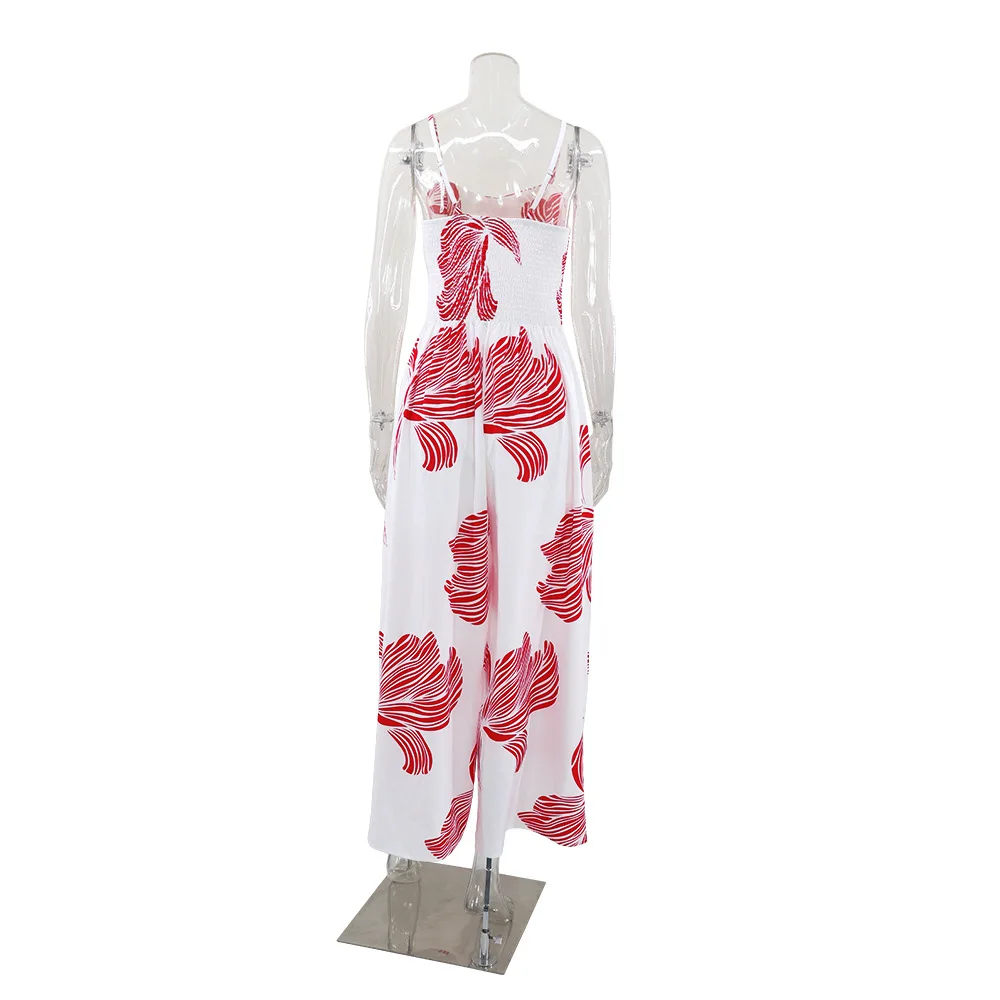 Jumpsuit Women Party Beach Print Rompers Spliced Wide Leg Pants High Waist Pockets Loose 2025 Summer Casual One Piece Y2k