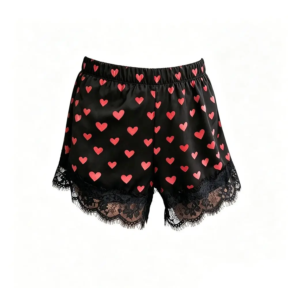 Bottoms Heart Print Lace Satin Shorts Lace Hem Silk Material Elastic Waist Shorts Wide Leg Mini Shorts Women's Wear
