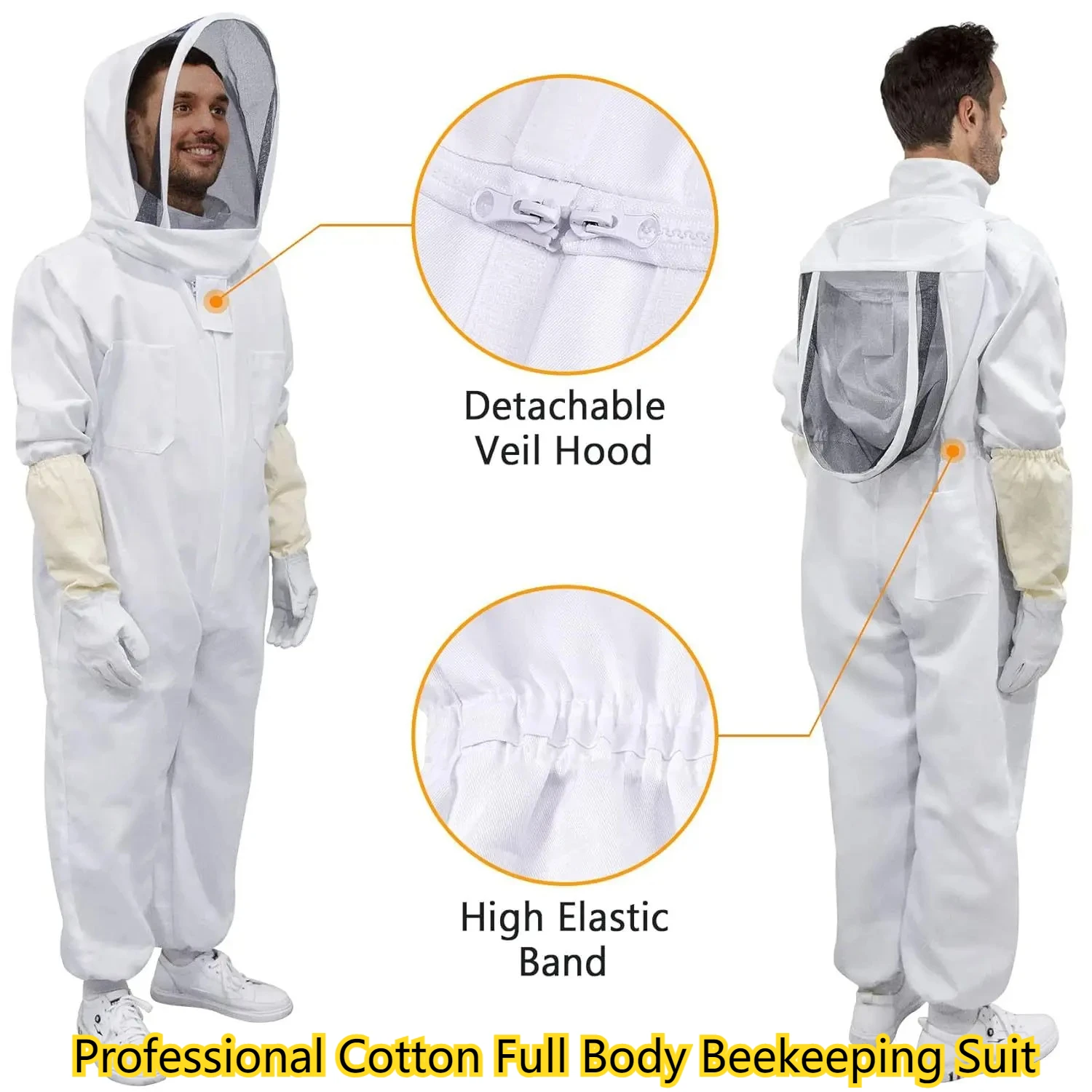 Professional Cotton Full Body Beekeeping Suit with Veil Cover, Bee Proof Protection Suit for Beekeepers, White,  Unisex