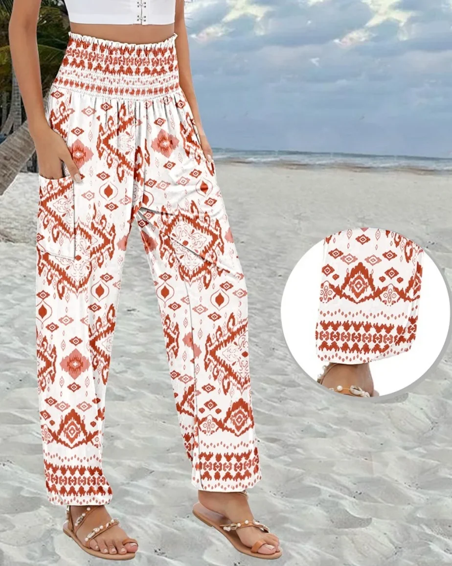 Damen Boho Bedruckte Haremshose mit Hoher Taille, Elastischem Bund, Seitentaschen, Lockere Hose für Strandurlaub und Freizeit – Detail 20
