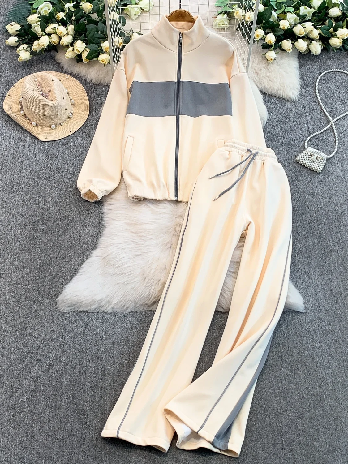 

Thiened Fce, зимние повседневные брюки с воротником-стойкой и высокой талией, полосатые широкие брюки, комплект из двух предметов, женский ансамбль Faion