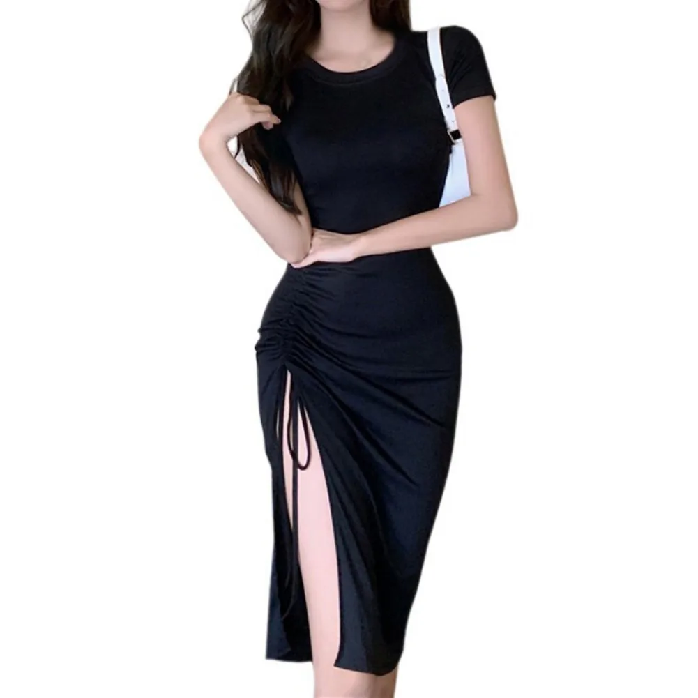 Women's Summer Cut Out Drawstring Ruched Split Short Sleeve Midi Bodycon Dress