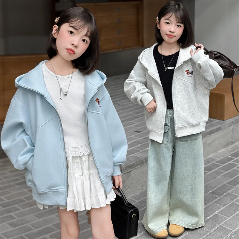 Girls Hoodie Spring Autumn 2026 New Cute Leisure Sports Cartoon Embroidered Zip Up Sweatshirt Children's Coat Daily Outwear