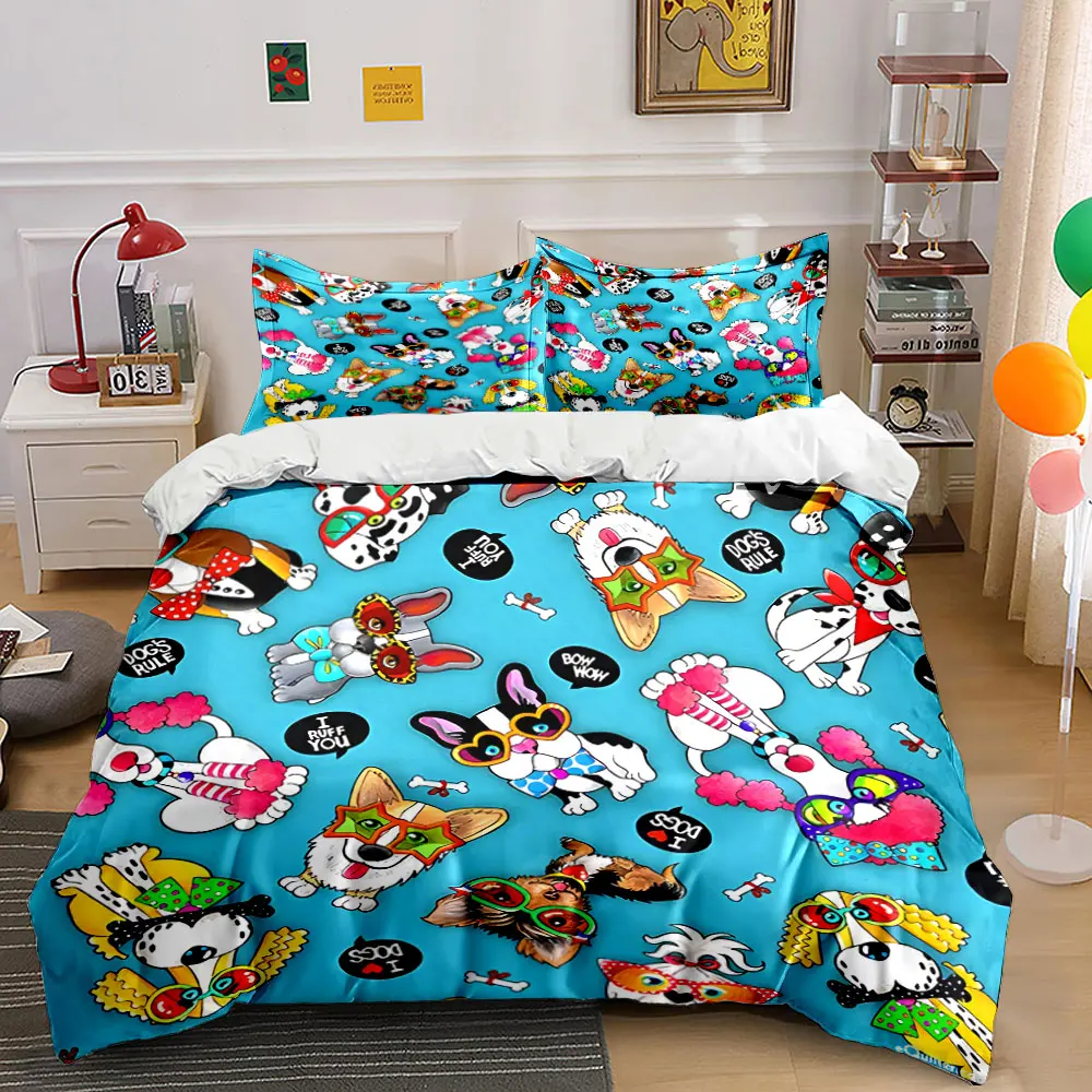 Cartoon dogs with playful outfits Print Bedding Set 1 Duvet Cover 2 Pillowcases for Adult and Children Luxury Gift Full Size