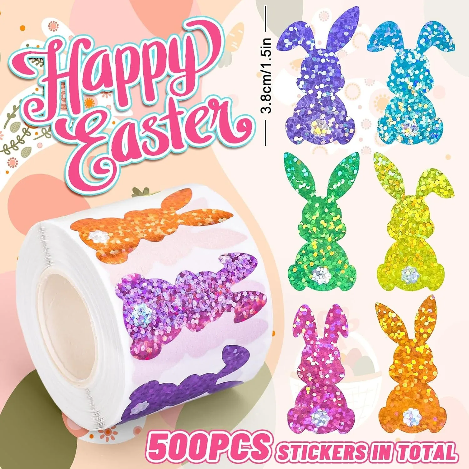 500Pcs Easter Bunny Stickers Roll Colorful Laser Rabbit Paper Decals 5 Colors Spring Sparkly Self Adhesive Seal Stickers