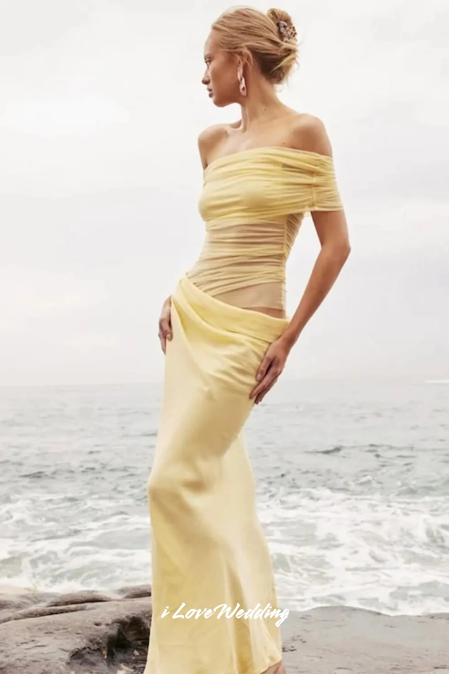 Yellow Off the Shoulder Evening Dress 2025 Chiffon Strapless Pleated Floor-Length Mermaid Dress for Special Occasions Customized