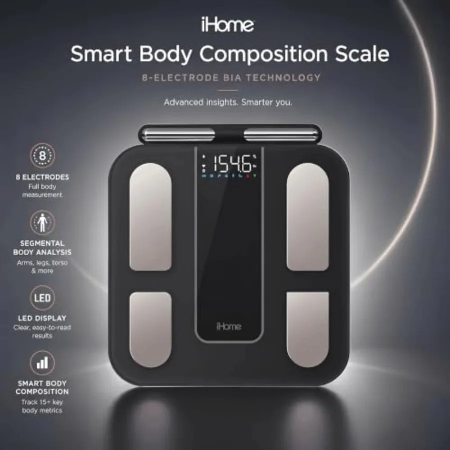 Smart scale for home use, tempered glass, black, 8-electrode sensors for 56 body composition metrics including BMI, body fat, m