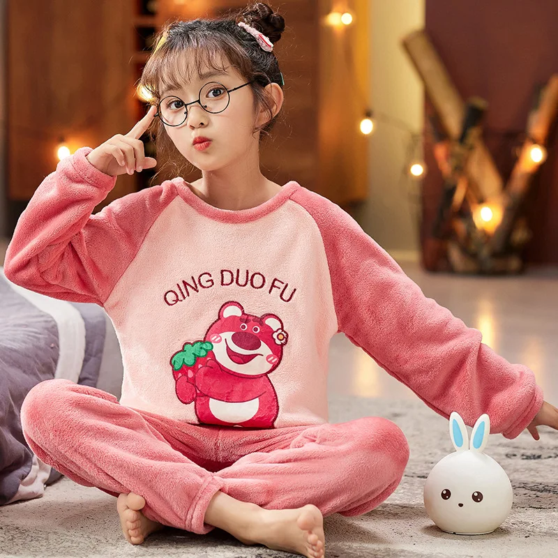 New Winter Children's Pajamas Winter Plush And Thick Coral Velvet Boys And Girls' And Girls' Flannel Home Clothes