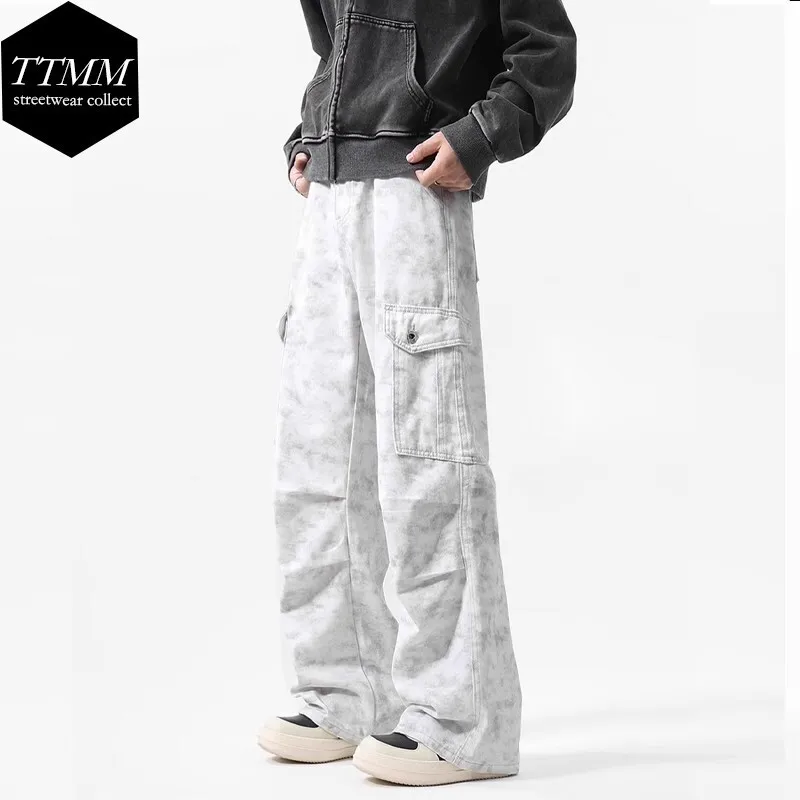 Fashion Tie Dye Paratrooper Work Pants Men 2025 Spring Fall Loose Sweatpants Pattern Wide Leg High Street Pleated Casual Pant 