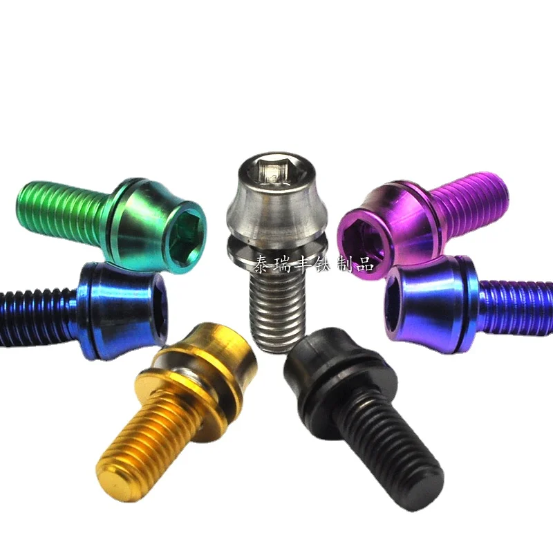 2 PCS M5x12mm 16mm Colorful TC4 GR5 Titanium Alloy Cone Head Bolts Screws With Washer For Bicycle kettle