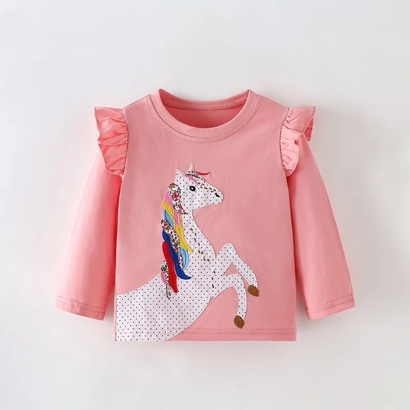 Spring Baby Girls Solid Cotton Clothes Kid Casual Sticker Unicorn Full Sleeve T-shirts Children Fashion Pullover Top