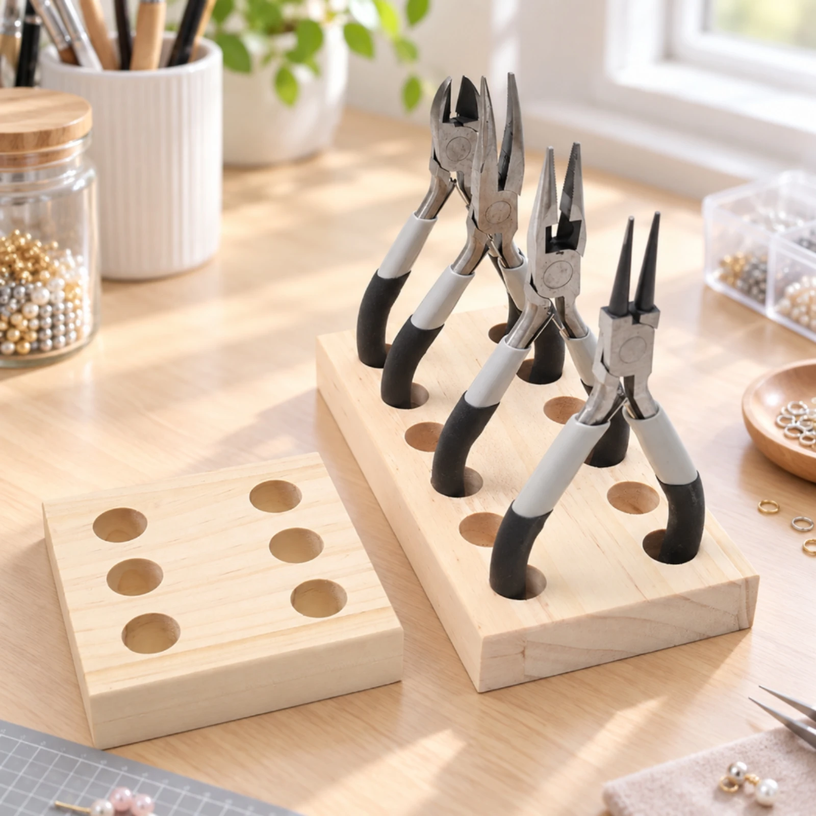 Pliers Holder Sturdy Wooden Plier Storage Rack with Round Openings Wood Pliers Block Compact for Craftsmen, Workshop, Workbench