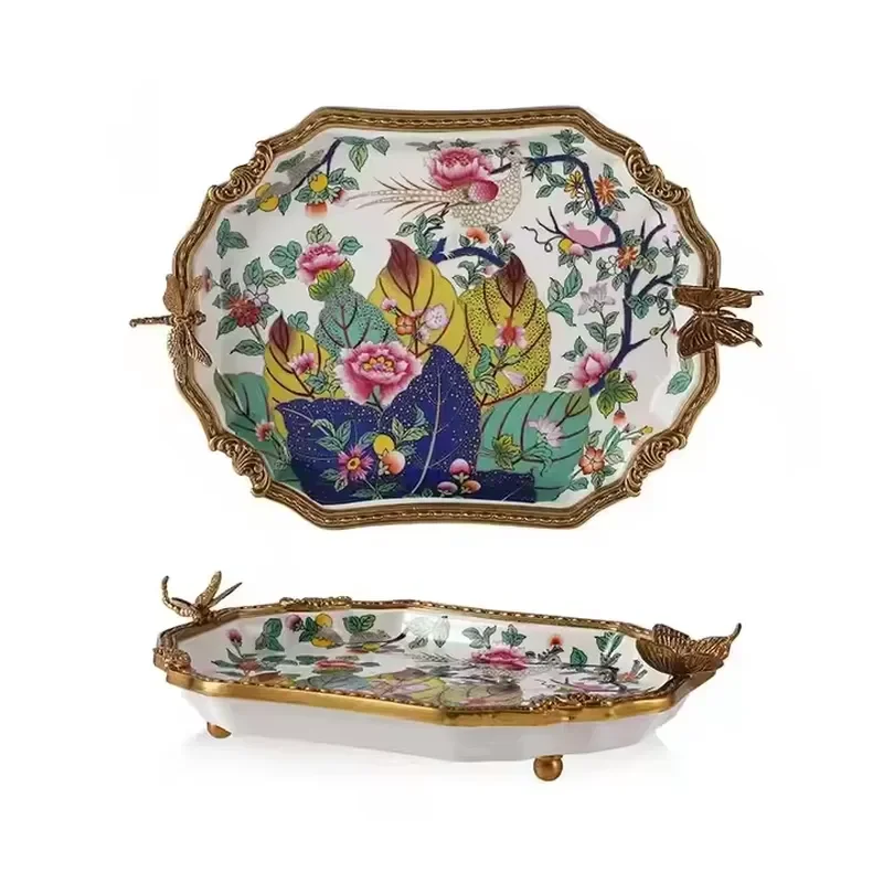 French country style light luxury plate hand-painted ceramic brass ceramic storage tray table surface tea fruit plate home