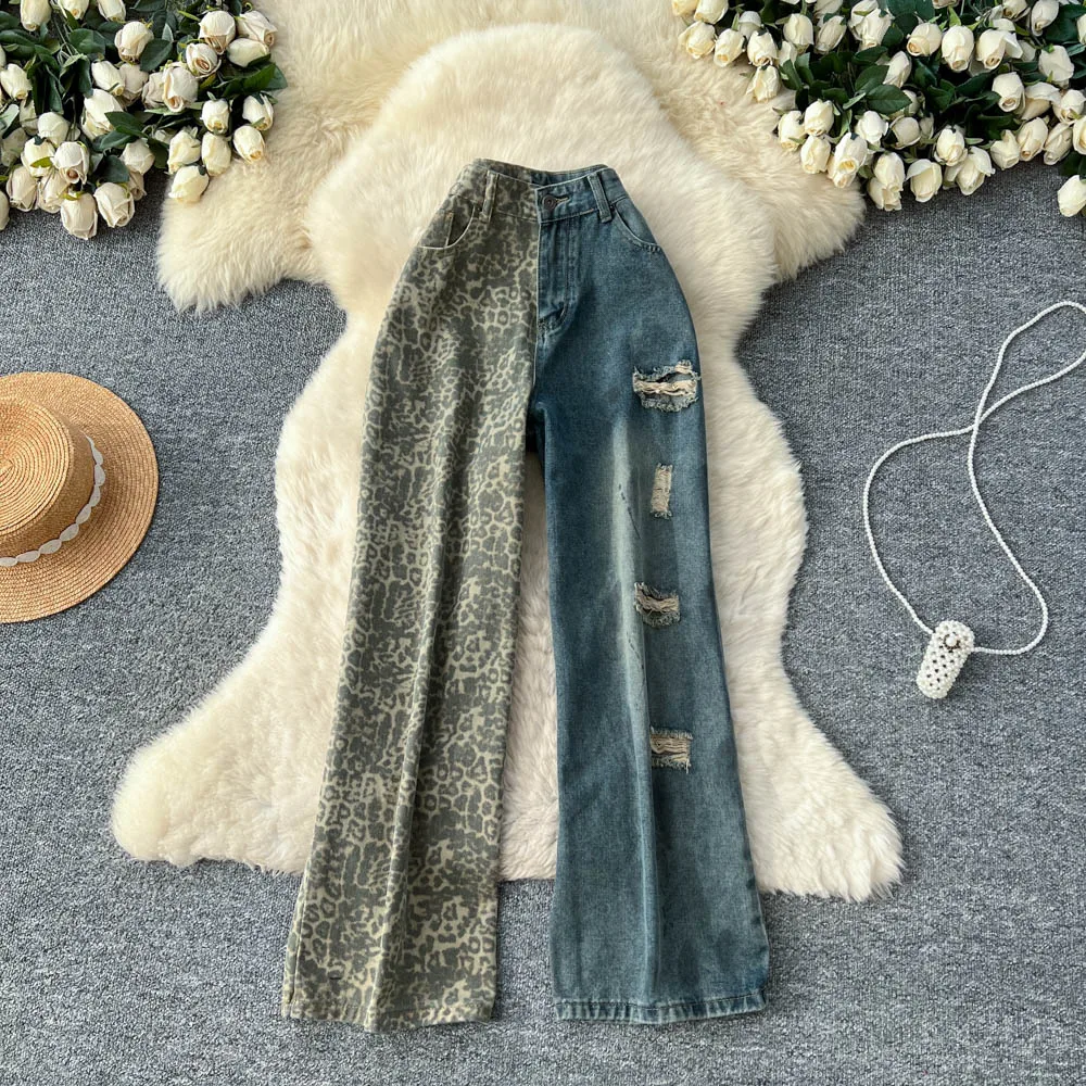 Leopard Splicing Jeans for Women 2026 Spring Autumn New Blue Distress Straight Wide Leg Pants Personalized Zipper Trousers