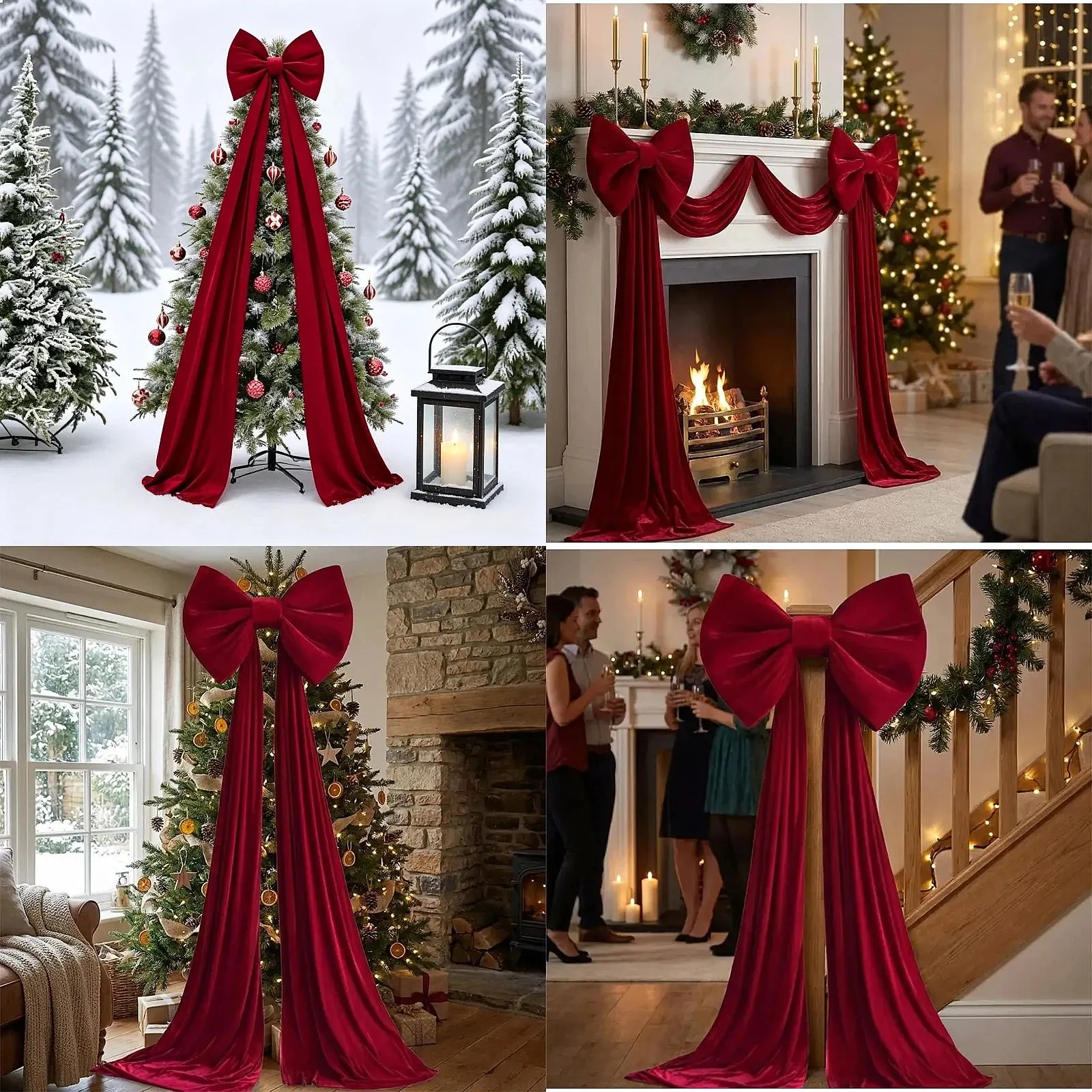 Large Christmas Velvet Bow Tree Topper with Long Tails Solid Color Streamer for Xmas Home Wedding Party Window Decor