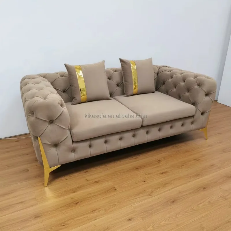 Golden Metal Legs Velvet Fabric Loveseat Tufted Chesterfield Sofa Set with Sponge Filling for Hotel Villa Home Furniture