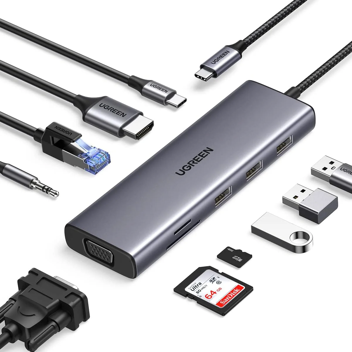 UGREEN USB C Hub, 10-in-1 USB-C Dongle with 4K-HDMI & VGA Dual Monitor,1Gbps Ethernet,100W PD,3 USB 3.0 Ports,3.5mm Audio Jack