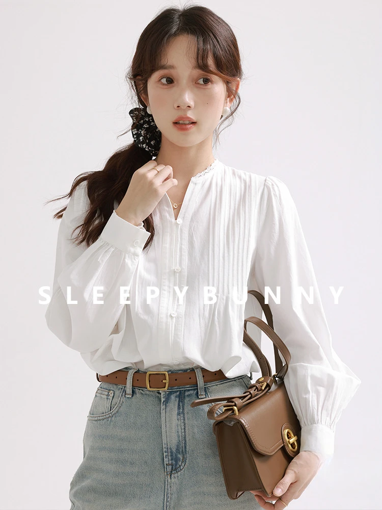 

White Lantern Sleeve Blouse Women Spring Fall French V-Neck Long Sleeve Elegant Petite Office Shirt Stylish Casual Chic Top