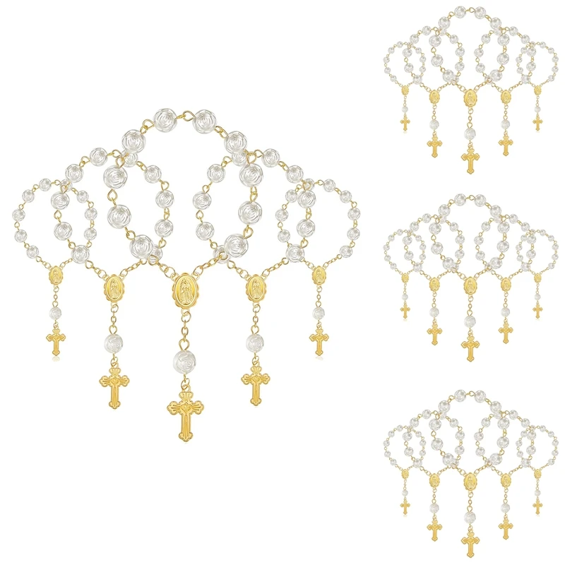 

20Pcs Baptism Favors With Cross Mini Rosaries Acrylic Beads Bracelet Christening Communion Finger Rosarie Bracelet