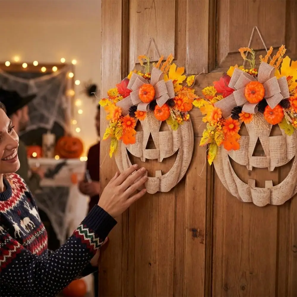 Rustic Halloween Wooden Pumpkin Door Hanger with Bow Vintage Artificial Fall Pumpkin Floral Wreath Anti-Deformation Thick Board