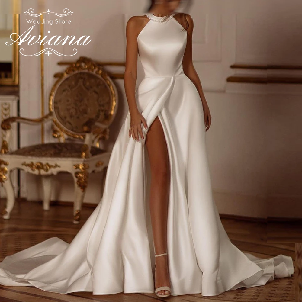 Aviana Customized Temperament Elegant Pearls Sleeveless Wedding Dress Women High Slit Back Bow A-Line Simple Stain Bridal Gown