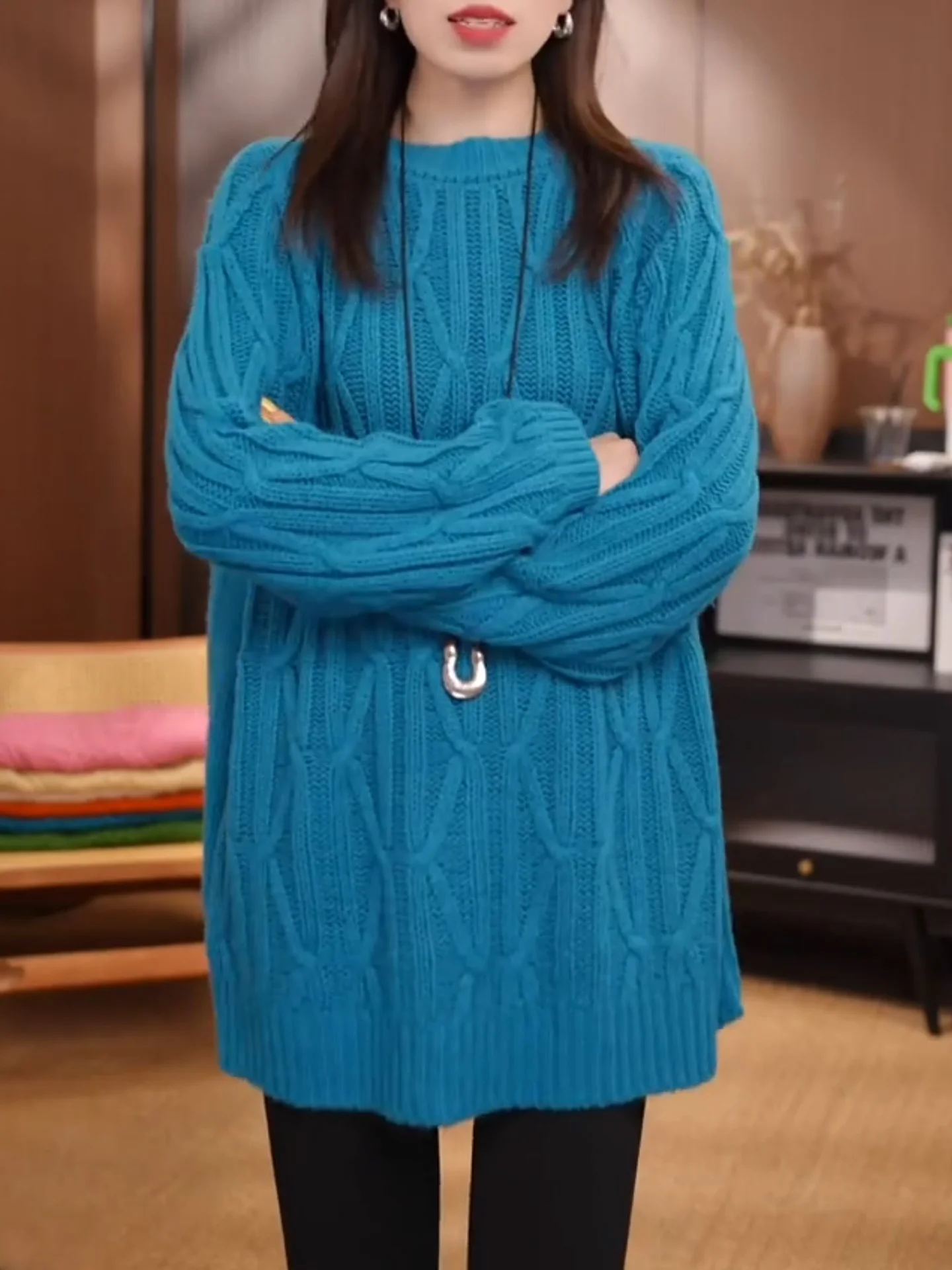 

Свободная повседневная синяя трикотажная шерстяная базовая кофта для женщин, средней длины, с открытым передом, теплая, с текстурой нубу, для ношения под одеждой, осень-зима