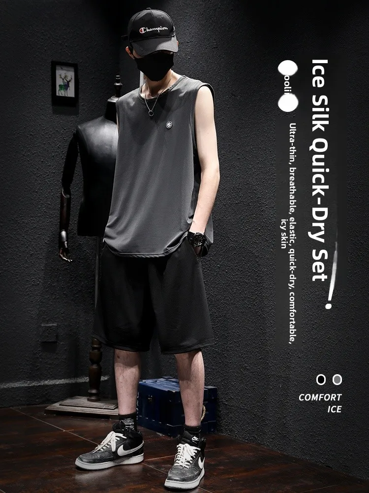 

Summer Sports Vest Shorts Running Set Men Quick Dry Ice Silk Thin Short Sleeve Fitness T-Shirt Large Size Nylon Spandex