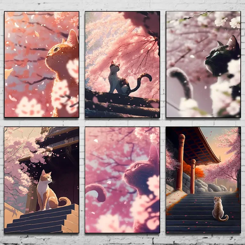 Japanese Anime Cat Overlooking Cherry Blossom Tree Wall Art Canvas Painting Fashion Poster Wall Pictures Home Decor Living Room