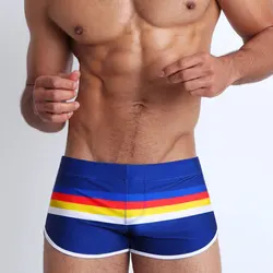 Mens Swim Boxer Briefs 스트라이프 수영복 운동 수영복 수영복 수영 트렁크 Boardshort Beach Underwear Pouch Enhance