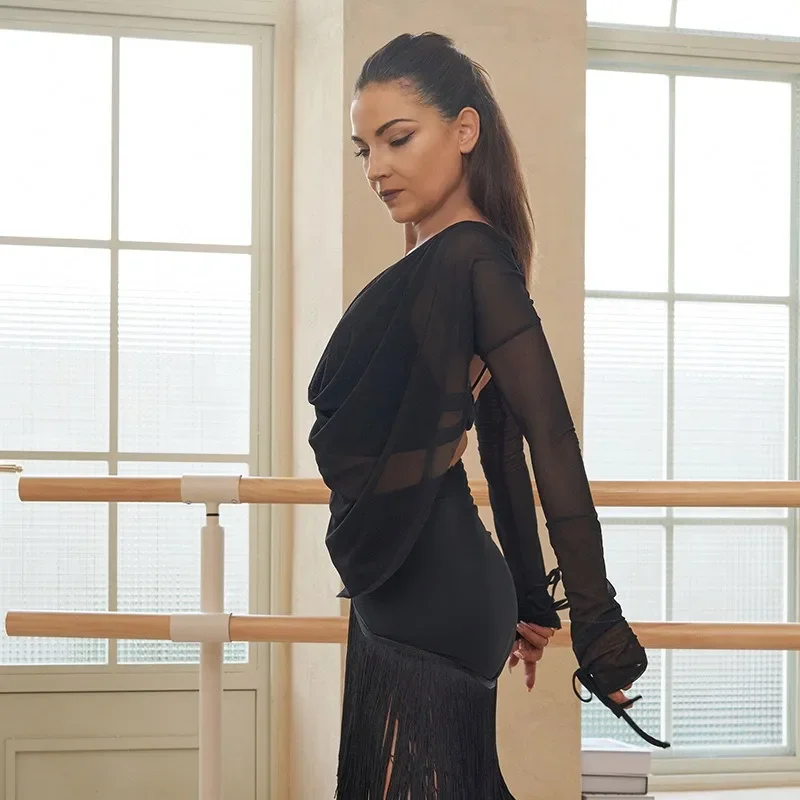 

customize ZYM same Latin dance suit mesh irregular cover shirt long sleeved national standard modern dance practice uniform tops