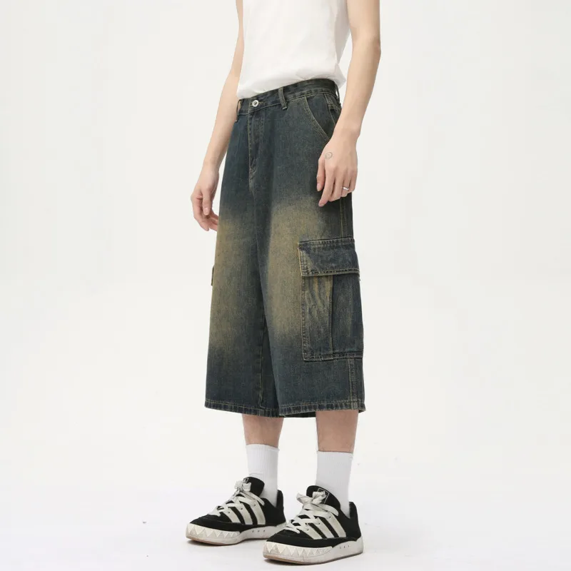 

SYUHGFA 2025 Spring American Style Men's Denim Shorts Multi-pocket Cargo Trousers Washing Chic Straight Leg Male Bottom