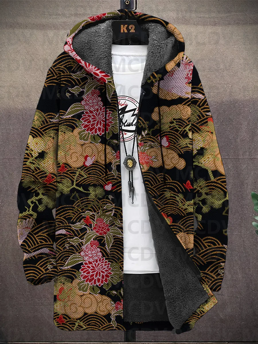 Men's Japanese Style Dragon Pattern Hooded Two-Pocket Fleece Cardigan Jacket