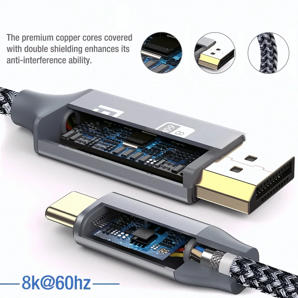1.8M USB C Thunderbolt3 To 4K 8K@60Hz DisplayPort Adapter Type-C To DP1.2 DP1.4 Cable for Macbook Pro Laptop to Gaming Monitor