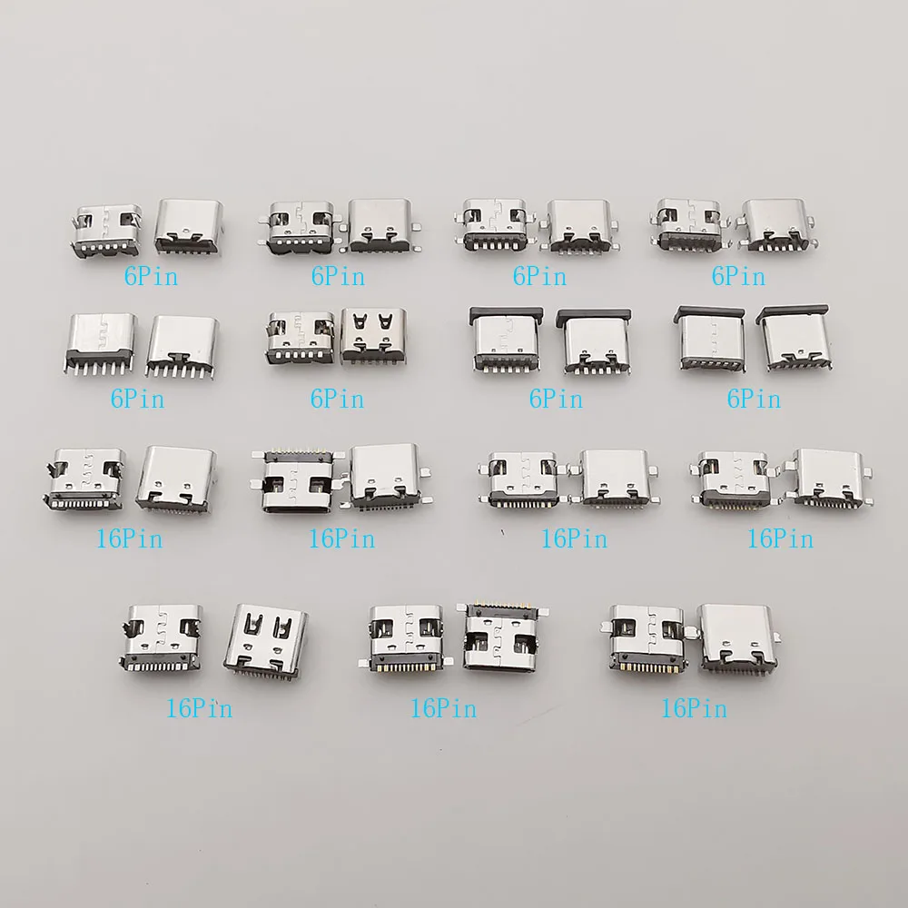 15Models/Box Type C USB-C JACK Charging Dock Connectors Mix 6Pin and 16Pin Type-C Female SMD DIP PCB Soldering DIY Repair Socket